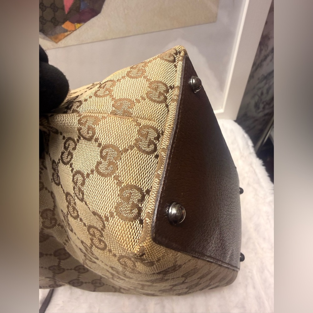 GUCCI-120836 002058 Beige Monogram Canvas Tote with Brown Leather Handle - Picture 13 of 14
